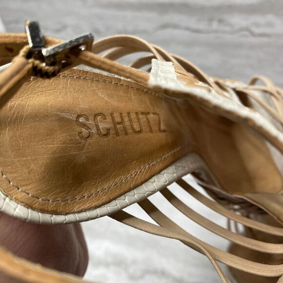 SCHUTZ Snake Print Caged High Heels Leather Sole White Tan Open Toe Ankle Strap - Picture 9 of 16